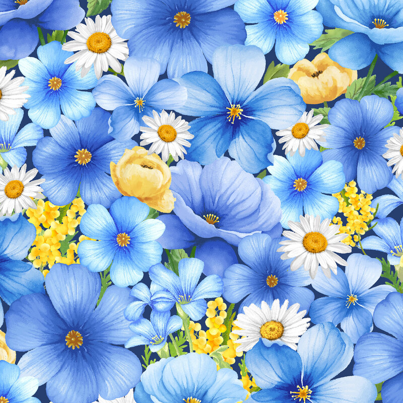Fabric with large, packed blue, white, and yellow florals throughout