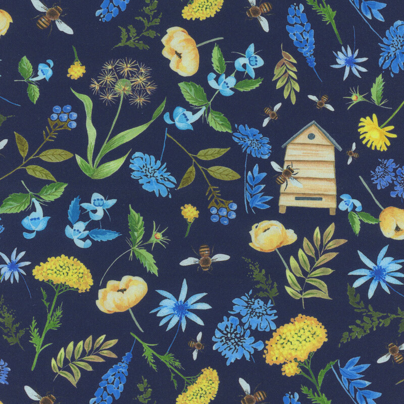 Navy blue fabric with tossed florals, bumble bees, and beehives