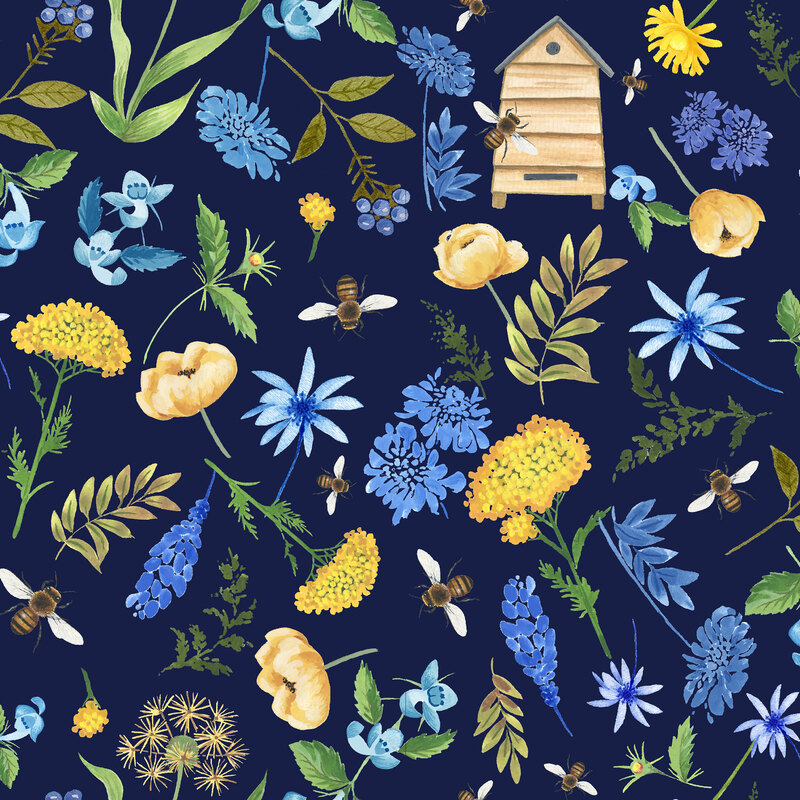 Navy blue fabric with tossed florals, bumble bees, and beehives
