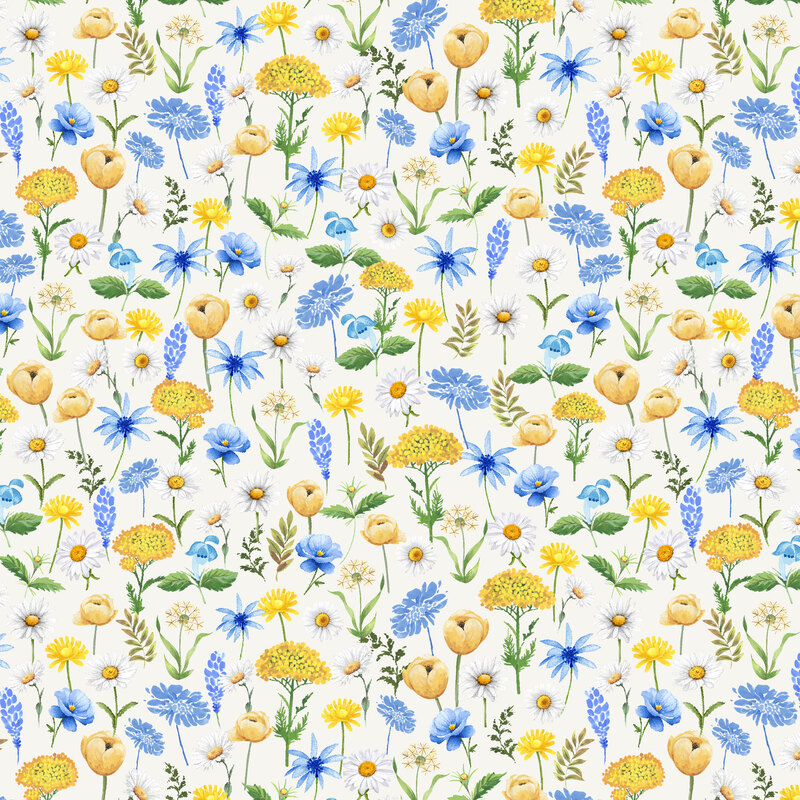 White fabric with a variety of colorful blue and yellow florals with green leaves throughout