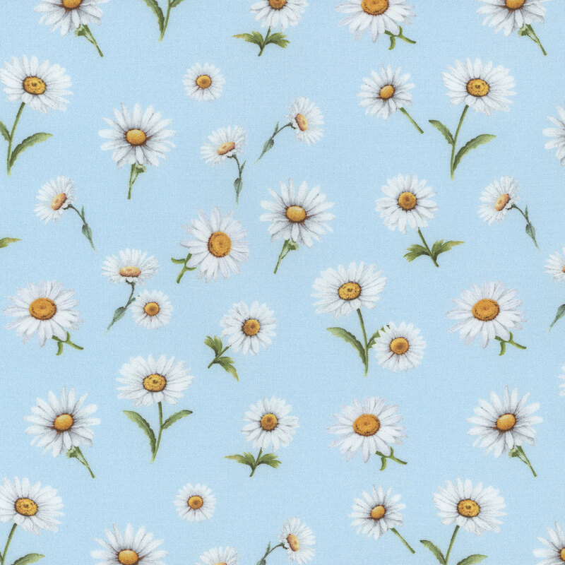 Light blue fabric with large white daisies tossed throughout