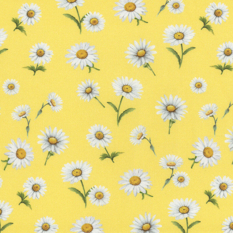 Bright yellow fabric with large white daisies tossed throughout