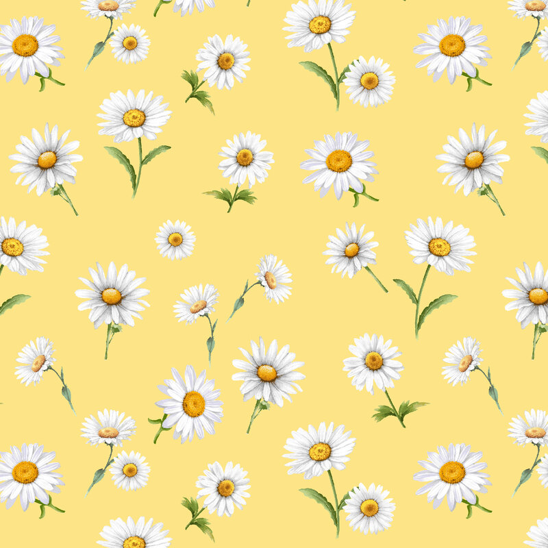 Bright yellow fabric with large white daisies tossed throughout