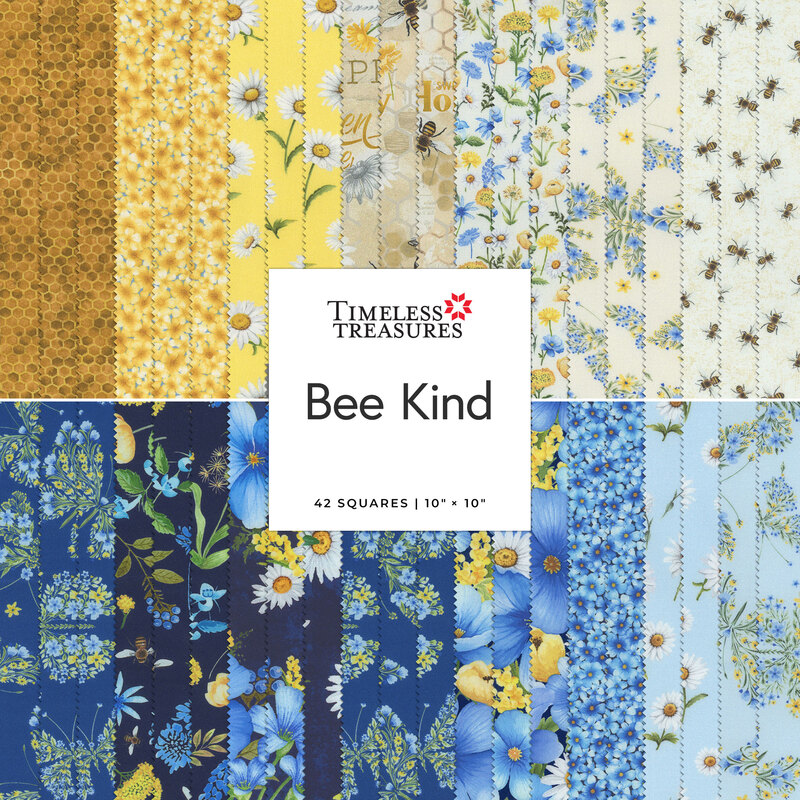 A stacked collage of yellow, white, and blue summertime bee themed fabrics in the Bee Kind 10