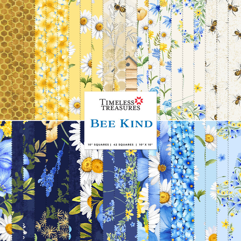 A stacked collage of yellow, white, and blue summertime bee themed fabrics in the Bee Kind 10