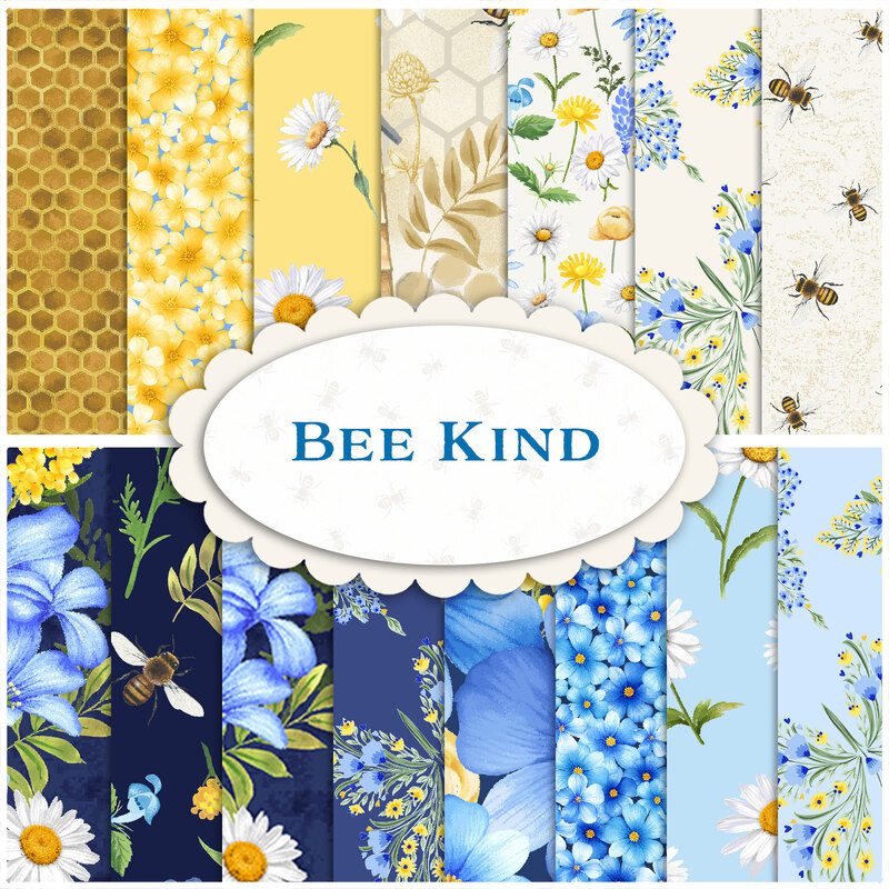 A collage of yellow, blue, and cream fabrics in the Bee Kind FQ set