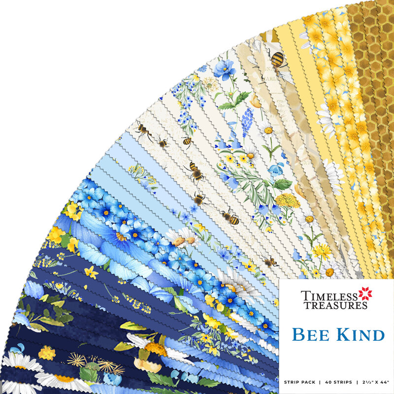 A fanned collage of blue, cream, and yellow summertime bee themed fabrics in the Bee Kind fabric strips
