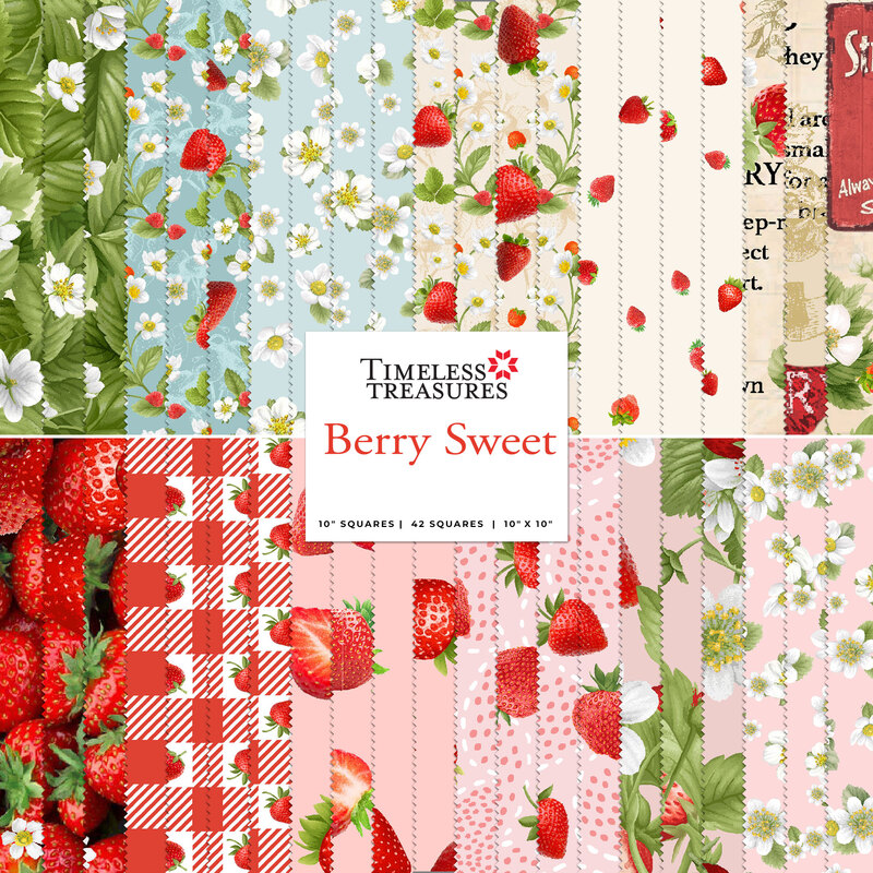 A stacked collage of red, pink, cream, light blue, and green summertime fabrics in the Berry Sweet 10