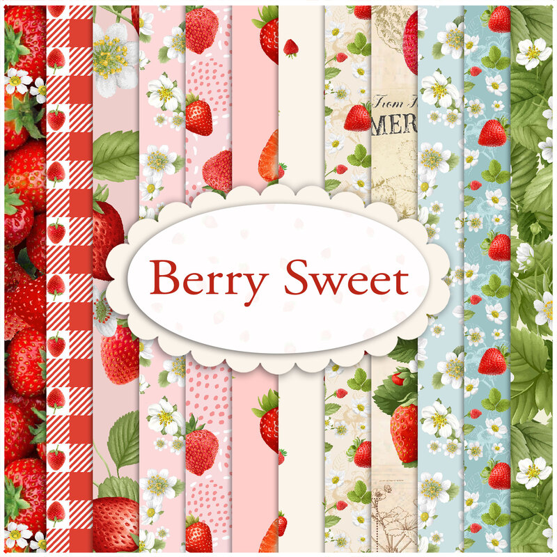 A collage of summer themed red, pink, white, light blue, and green fabrics in the Berry Sweet FQ Set