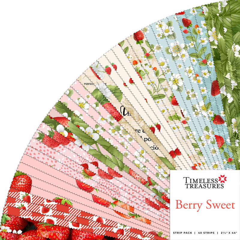 A fanned collage of red, pink, cream, light blue, and green summertime strawberry fabrics in the Berry Sweet 2-1/2