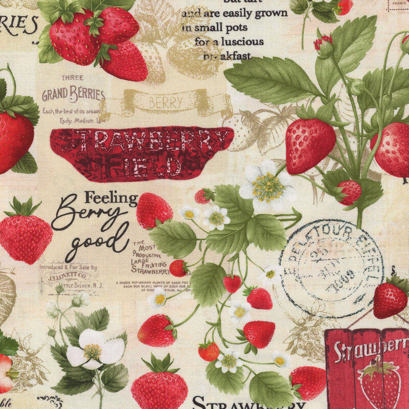 A beige fabric with sayings about strawberries, large red strawberry clusters, and green leaves throughout