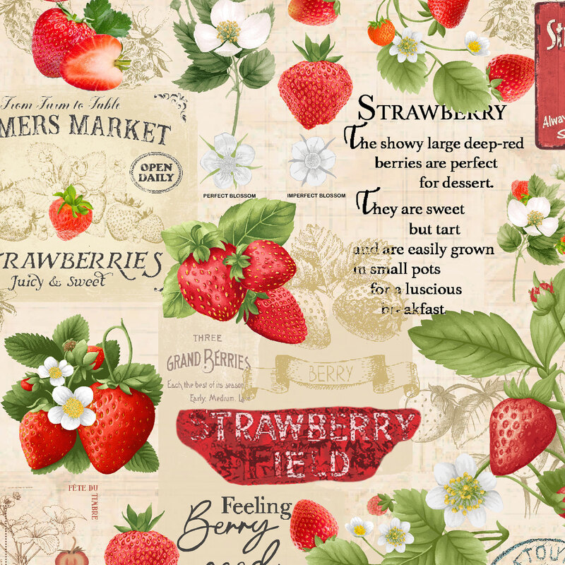 A beige fabric with sayings about strawberries, large red strawberry clusters, and green leaves throughout