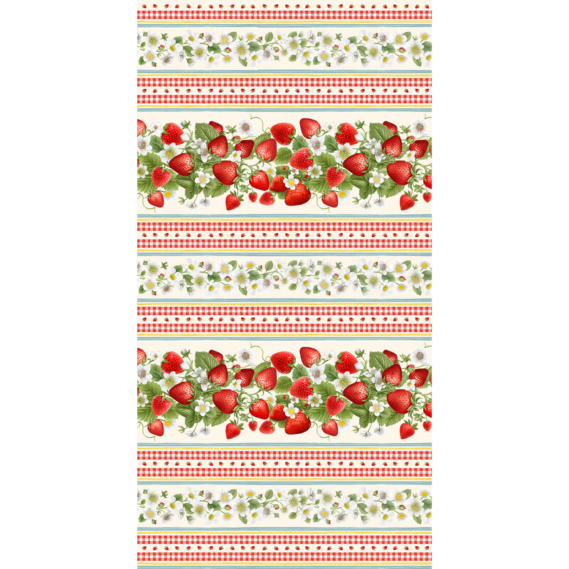 A border stripe fabric with large striped clusters of strawberries and smaller floral stripes