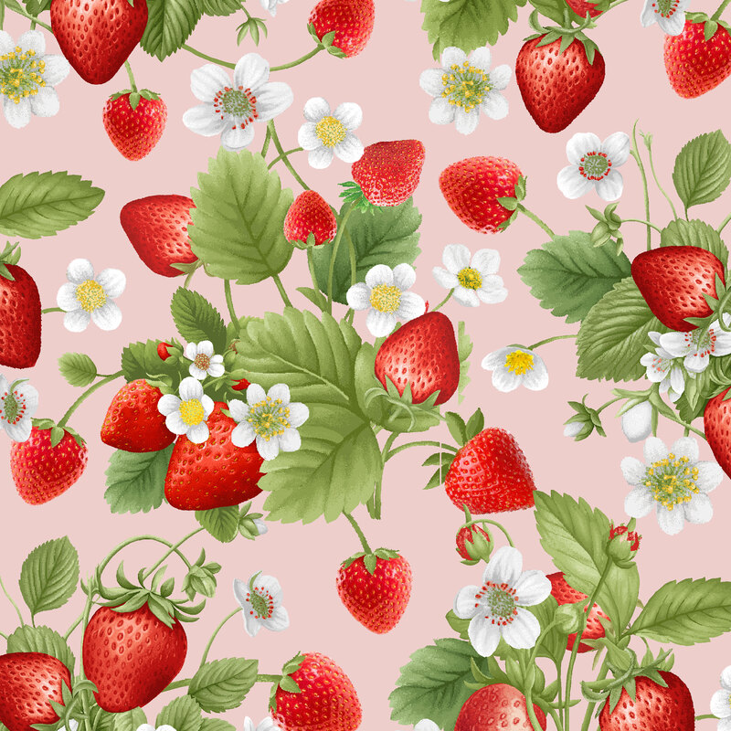 Pink fabric with strawberries, green leaves, and small white florals throughout