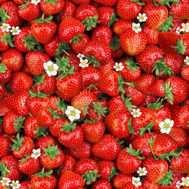 A fabric with packed, photorealistic strawberries all over