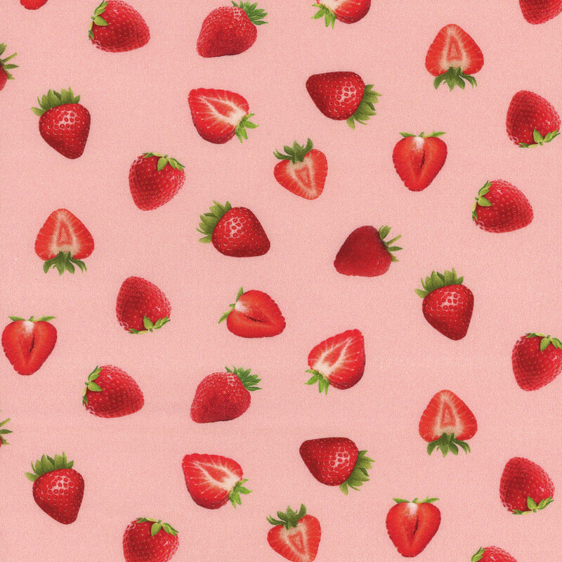 Pink fabric with ditsy photorealistic strawberries throughout