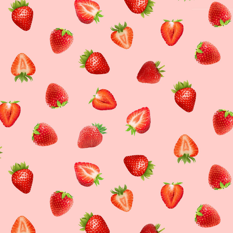 Pink fabric with ditsy photorealistic strawberries throughout