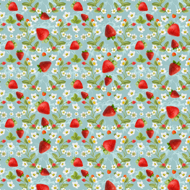 Light blue fabric with tossed photorealistic strawberries, green leaves, and small white florals throughout