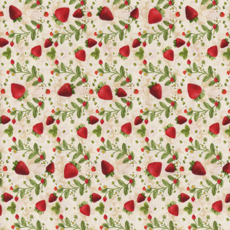 beige fabric with photorealistic strawberries, green leaves, and white florals throughout