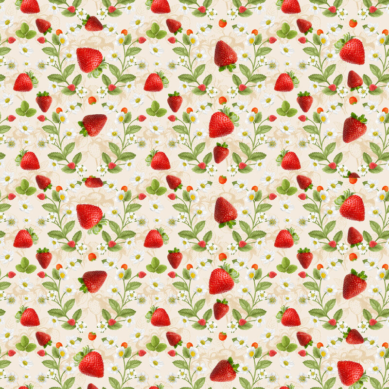 beige fabric with photorealistic strawberries, green leaves, and white florals throughout