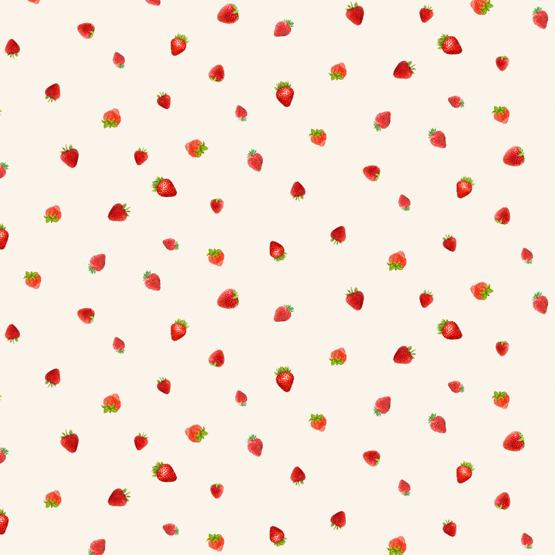 Cream fabric with small photorealistic disty strawberries throughout