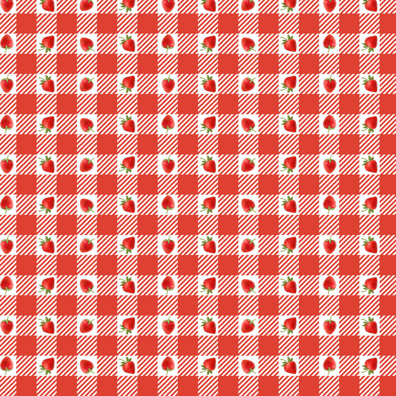 Red and white gingham fabric with small photorealistic strawberries throughout