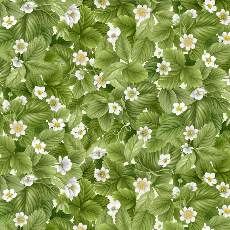 Fabric featuring packed green photorealistic strawberries leaves and white florals throughout