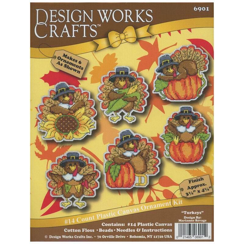 The front of the cross stitch kit featuring a picture of the finished Turkeys cross stitch with 6 different designs on a yellow fall leaf background.