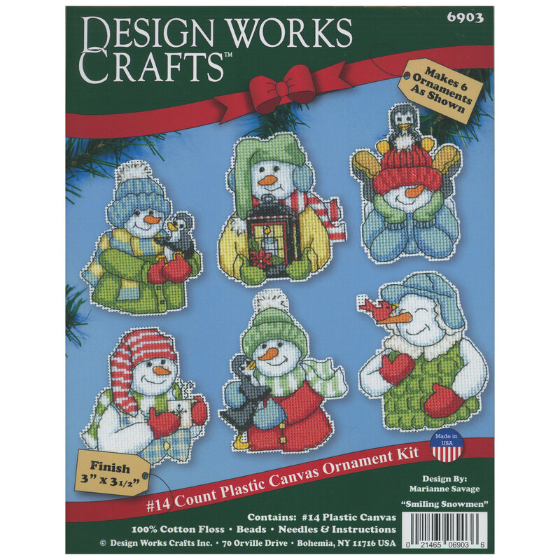 The front of the cross stitch kit featuring a picture of the finished Smiling Snowmen cross stitch with 6 different designs on a blue background.