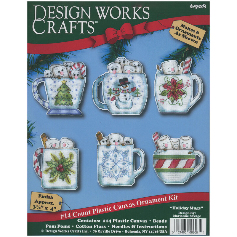 The front of the cross stitch kit featuring a picture of the finished Holiday Mugs cross stitch with 6 different designs on a blue background.