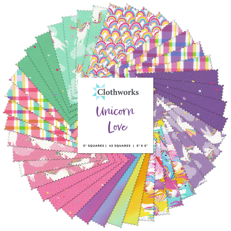 A collage of all the fabrics included in the Unicorn Love charm pack.