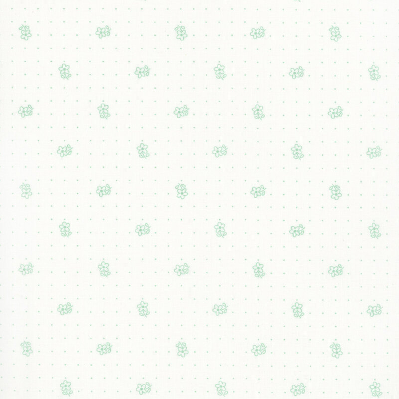 White fabric with tossed teal outlined daisies and rows of teal polka dots.