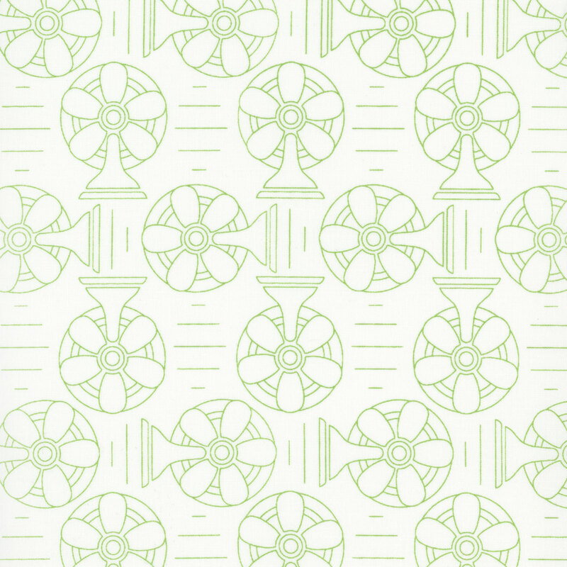 White fabric with rotating green outlined fans and rows of varied green lines.