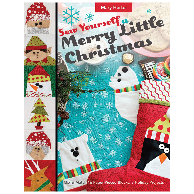 Front of Sew Yourself a Merry Little Christmas book, featuring a closeup on some of the projects with shots of 6 other blocks on the left.