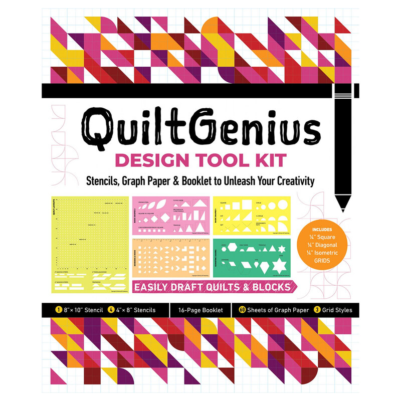 Front of QuiltGenius Design Tool Kit packaging showing what is included in the kit.