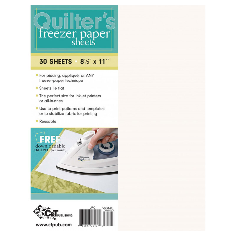 Pack of Quilter's freezer paper sheets showing pack size and uses.