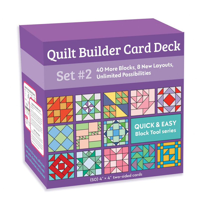 Digital mockup of the Quilt Builder Card Deck 2 box showing the front with possible combinations of quilting blocks.