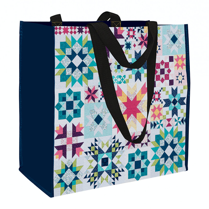 Front of the Barn Star Sampler Eco Tote showcasing a colorful array of quilting star blocks, isolated on a white background.