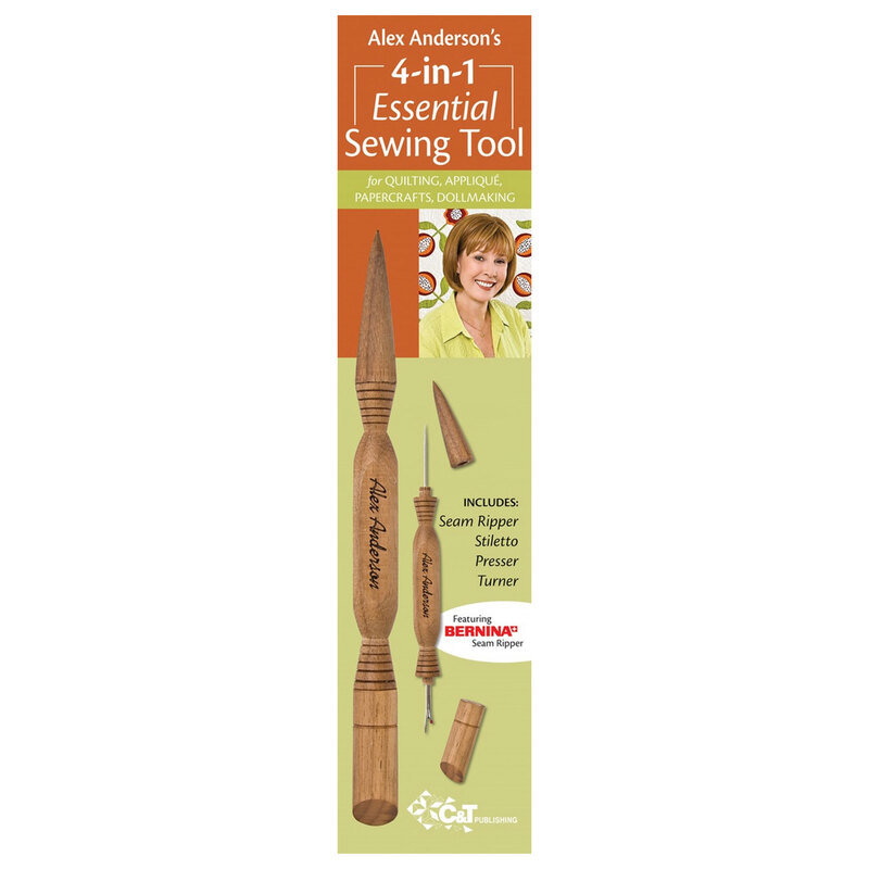 Front of the Alex Anderson's 4-in-1 Essential Sewing Tool package showing the full applique tool with a digital image on the side with the caps off to show the sharp ends.