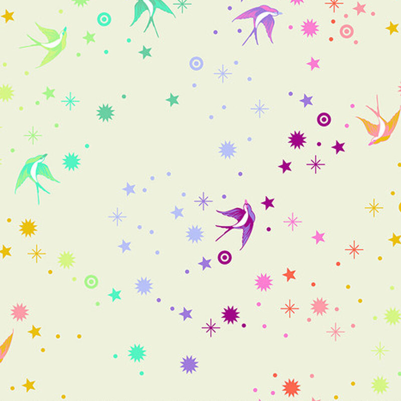 24x 24 digital image of fabric featuring a rainbow gradient of swallows, stars, and other little fairy dust motifs scattered across
