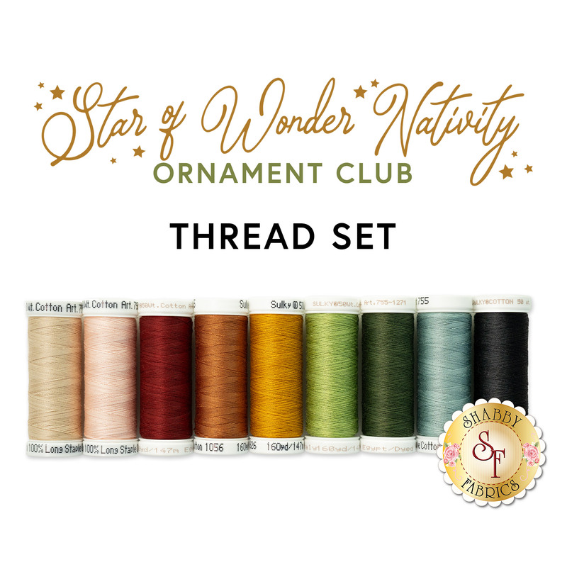 The coordinating thread set for the Star of Wonder ornament club, 9 spools of thread arranged in rainbow order beneath a text graphic.