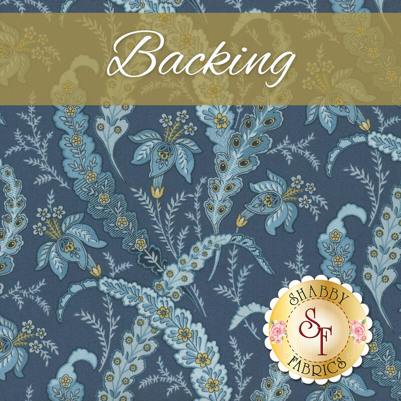 A swatch of a deep ocean blue fabric tossed with light blue ornate florals and kelp like motifs. An olive ochre banner at the top reads 