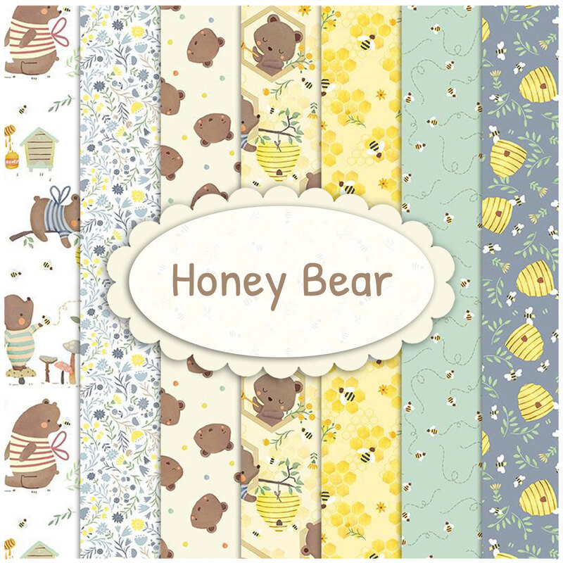 Collage of fabrics int the Honey Bear collection featuring bears and bees in soft hues