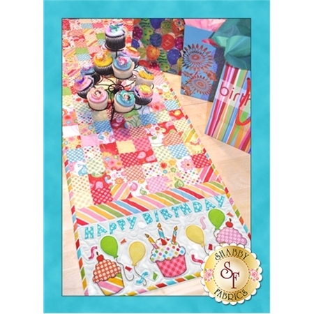 Pink and red Patchwork Birthday Table runner with cupcake applique.
