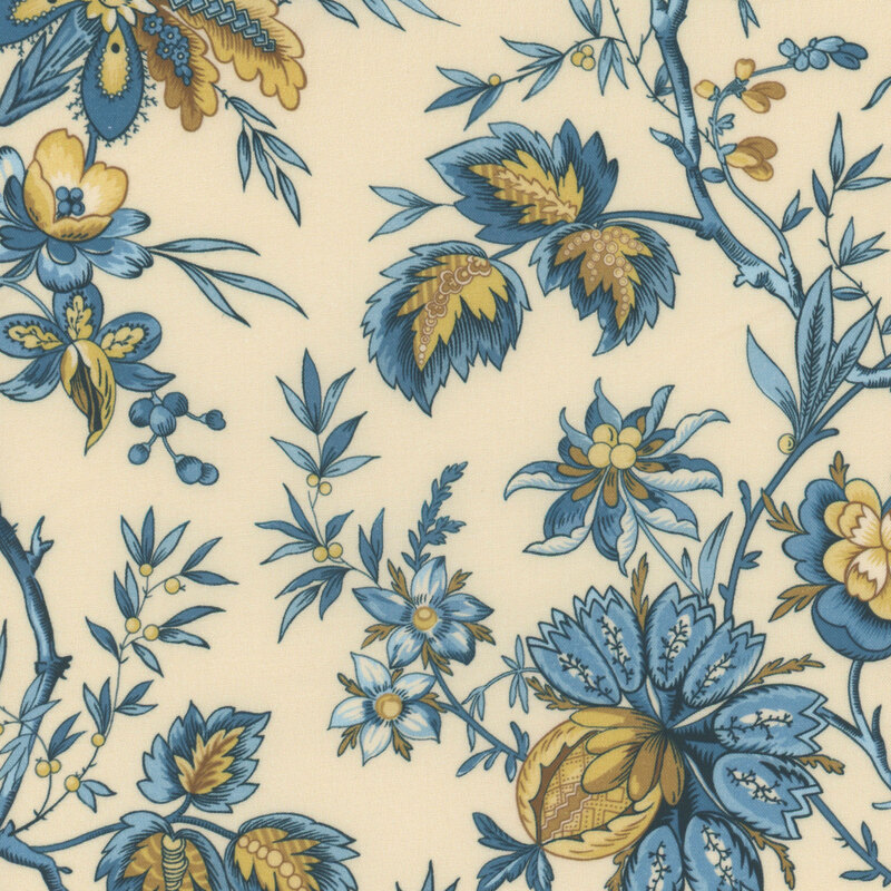 Cream fabric featuring light blue branches with blue leaves and berries.