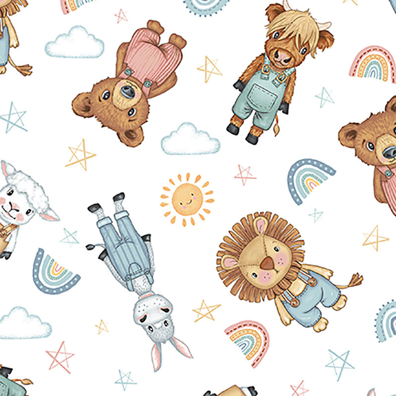 White fabric with tossed baby animals in overalls and pajamas, stars, rainbows, clouds, and suns