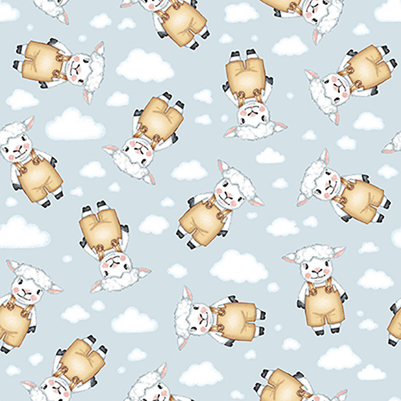Light blue fabric with tossed baby lambs wearing overalls, and little clouds