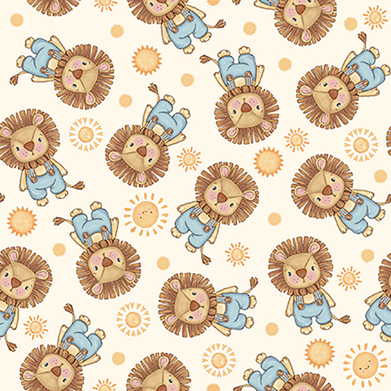 Light yellow fabric with tossed baby lions wearing overalls, little suns, and golden dots