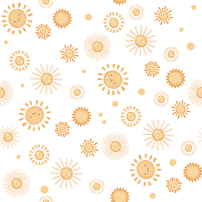 White fabric with tossed smiling suns, and little golden polka dots throughout