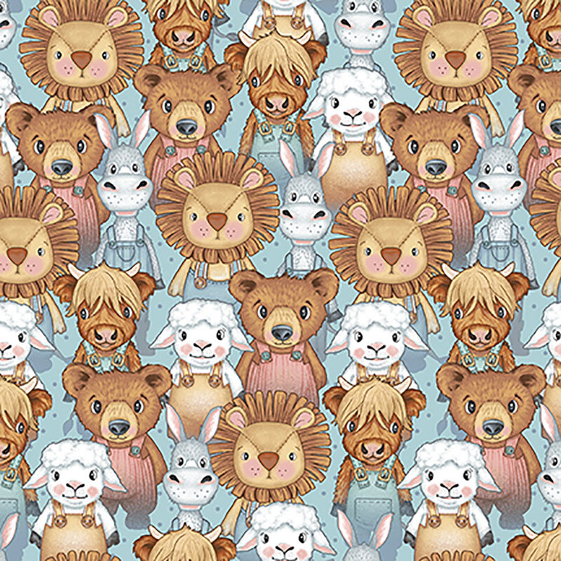 Light blue fabric with packed baby lions, bears, and lambs wearing overalls